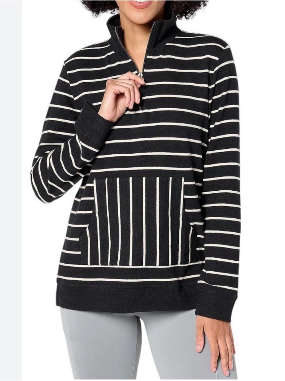 New Denim & Co. Active Textured Cotton Half Zip Pullover / Black Stripes / XL